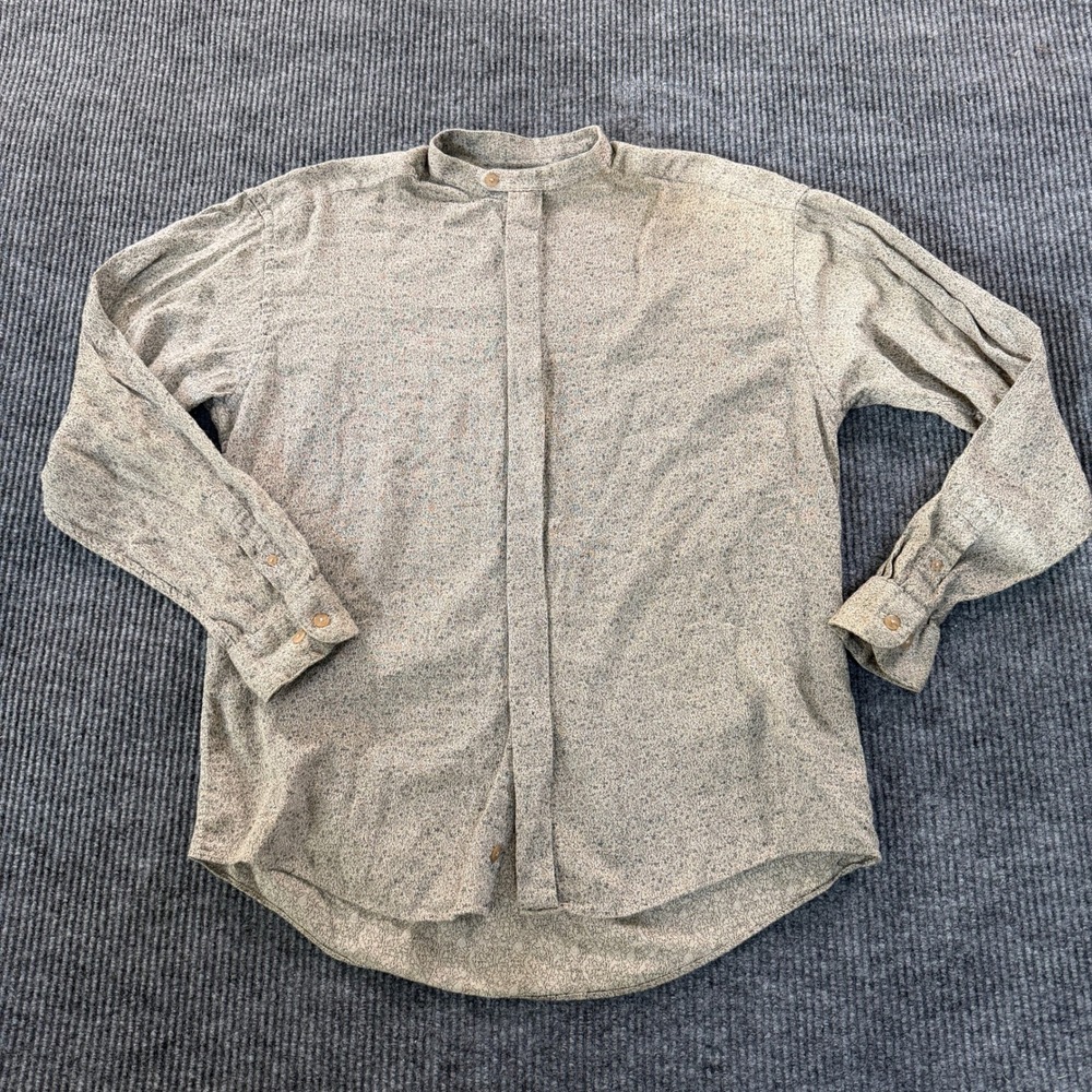 Bachrach Mens Band Collar Button Down Shirt Large Tan Brown Cotton Hidden Placke